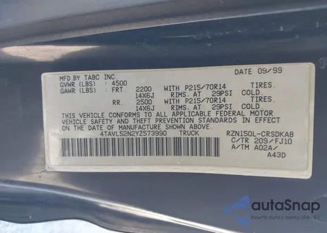2000 Toyota Tacoma z USA, uszkodzony, nr VIN 4TAVL52N2YZ573990